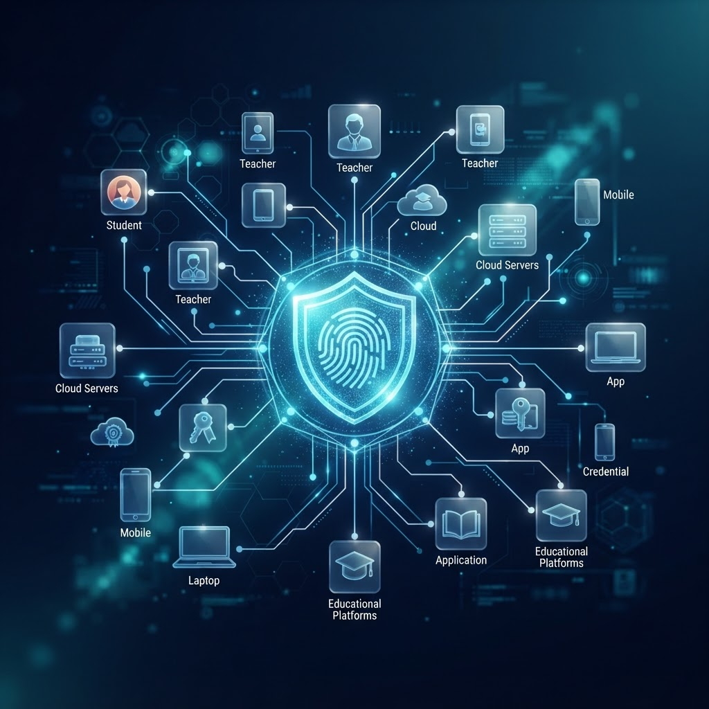 Abstract visualization of secure digital identity and cloud single sign-on infrastructure connecting users, credentials, and education platforms