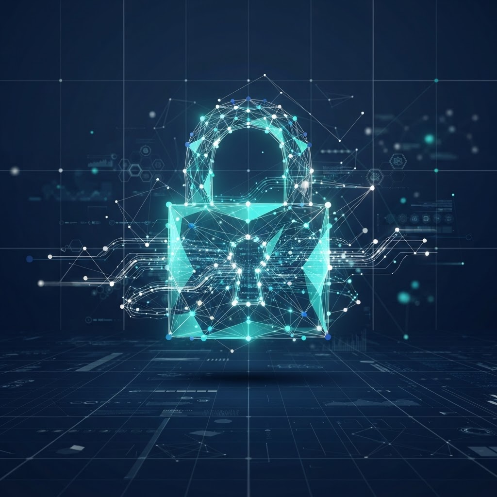 Abstract visualization of encrypted data streams protecting a secure digital padlock